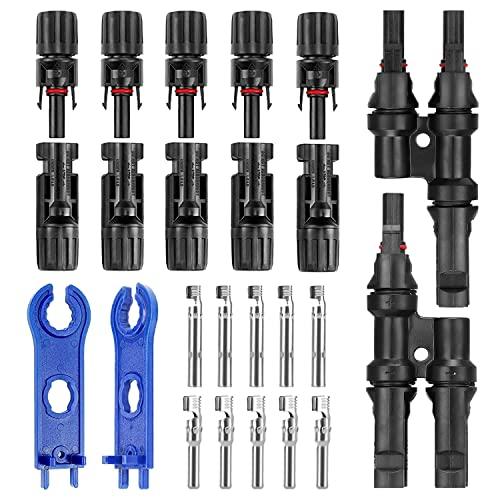 1 par MC4 Conectores Solares Tipo T 5 pares Macho/Hembra Conector de Placa Solar MC4 Conector Solar Fotovoltaico de Anillo de Sello Impermeable con Spanner para Sistema Fotovoltaico