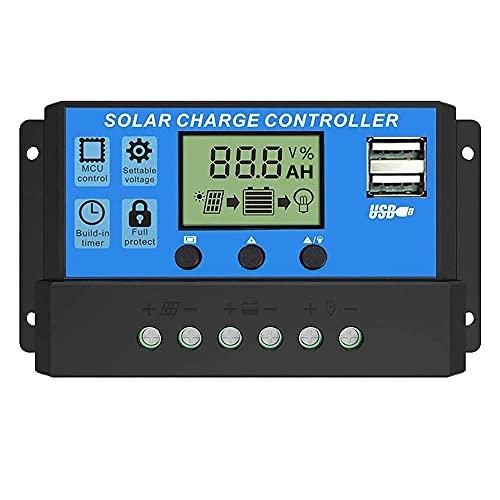 20A Controlador de Carga Solar, 12V/24V Identificación Automática/Carga de Regulación PWM de 3 Niveles/Puerto 2USB / Circuito Anti-reflujo MOS Dual, para Cargador Solar y Iluminación LED