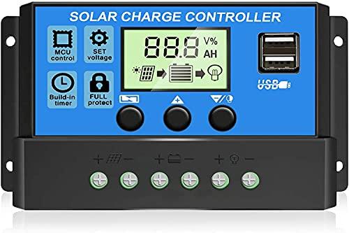 30A Controlador de Carga Solar 12V/24V Panel Solar Inteligente Regulador de Carga Solar con Pantalla LCD y Doble Puerto USB,Controlador de Carga Solar Carga de Regulación PWM