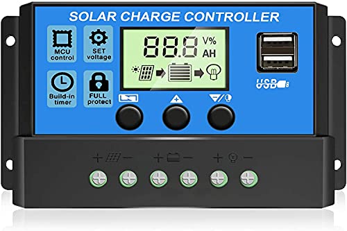 30A Controlador de Carga Solar 12V/24V Panel Solar Inteligente Regulador de Carga Solar con Pantalla LCD y Doble Puerto USB,Controlador de Carga Solar Carga de Regulación PWM