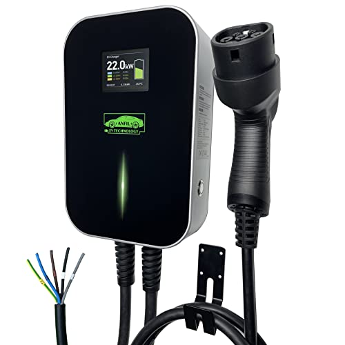 ANFIL Estación de Carga Trifásica para Vehículos Eléctricos - Cargador Estándar EU de 32A, 22kW IEC 62196-2 - Cable de Carga de 6,1 m con Enchufe Tipo 2 - Cable de Alimentación de 1m - Carga Rápida