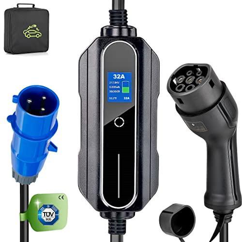 Cable Carga Coche Electrico Tipo 2 Coche electrico PHEV | 7.2 kW 32A| Tipo 2 a CEE IEC 62196 | Potencia Variable con Pantalla Digital Controlable| 5m con Borsa(Negro)