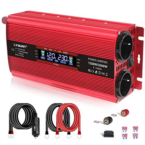 Cantonape Inversor de Corriente 1500W (Pico 3000W), DC 12V a AC 220V-240V, Convertidor de Corriente con 2 EU Tomas y Big Pantalla LCD, Onda modificada Inversor para Coche Camping Camión RV