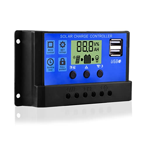 Diymore Controlador de Carga Solar,30A Controlador de Carga de Panel Solar,Regulador de Baterías de Panel Solar de 12V/24V con Puerto USB Dual
