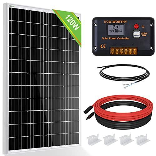 ECO-WORTHY 120W 12V kit de panel solar para RV caravana barco cabina cobertizo:1pc 120W 12V panel solar + 30A PWM cargador solar controlador + 16 pies de cable de extensión +"Z" soporte
