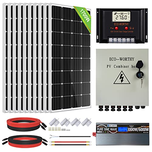 ECO-WORTHY 1700W 6KWh/día Kit Panel Solar Sistema de Energía Solar para Casa Sin Red : 10pcs 170W Mono Módulo Solar, 3000W Inversor de Onda Senoidal 24V-220 V, 60A PWM Regulador de Carga