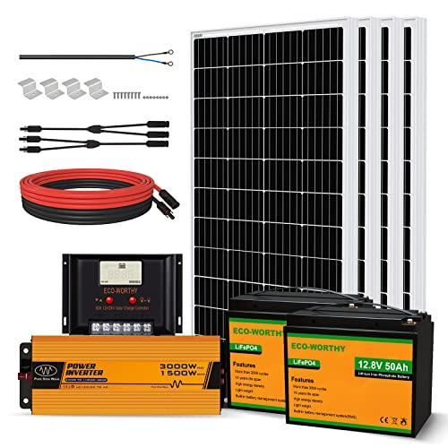 ECO-WORTHY 480W 24V 2KW-h/día kit solar con bateria sistema completo para el hogar Shed:4pcs 120W panel solar monocristalino + 2pcs 50AH batería de litio + 60A controlador solar + 1500W inversor