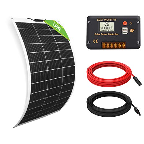 ECO-WORTHY Kit Solar 130W 12V: 1 Panel Solar Flexible 130W + 1 Controlador de Carga 20A + Accesorios de Montaje para Caravana, RV, Barco, Marina, Aplicación Fuera de la Red