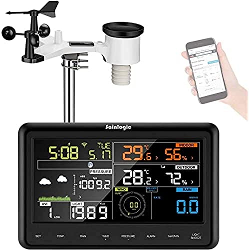 Estación meteorológica WLAN Sainlogic Professional con sensor de energía solar para exteriores, colector de lluvia, pronóstico del tiempo, indicador de viento, pantalla a color, Wunderground