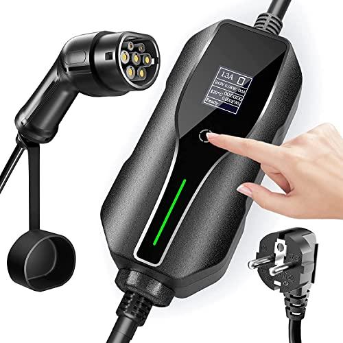 EV Home Cargador para Coches eléctricos Regulable 6/8/10/13/16A. Carga con Cable Tipo 2 para Recarga de vehículos eléctricos (Schuko, 10/16A. 1.38kW a 3.68KW, con Pantalla, Cable Largo 5m)