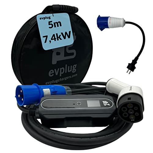 EVPLUG® Cargador EV portátil Coche eléctrico EV PHEV (Tipo 2 | 5m | + Adaptador, 7,4kW | 32A)