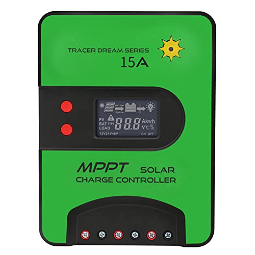Hugoome 15 A 12 V/24 V MPPT Regulador de carga solar, entrada de 75 V máx., consumo de energía fotovoltaica limitado, protocolo de funcionamiento integrado y compensación de temperatura.