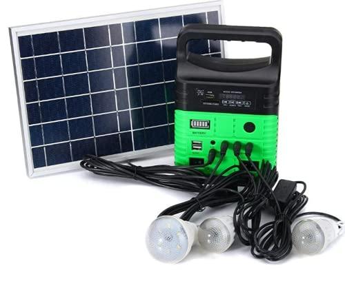 Panel solar, generador de electricidad y juego de iluminación verde.