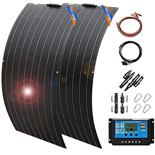 Paneles solares Flexibles de 600 W, Panel Solar de 300 W x 2, Cargador de energía fotovoltaica de módulo de Alta eficiencia con Accesorios, para Caravana de Barco de batería RV,Negro