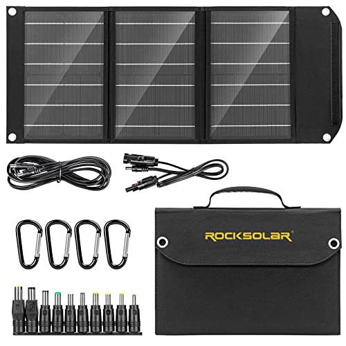 ROCKSOLAR Panel Solar Plegable, portátil 30 W 12V Monocristalino Kit con Cable de Carga y adaptadores, DC y USB