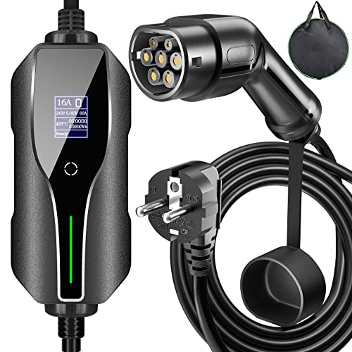 SEAAN Cargador EV Tipo 2 con Pantalla Digital Controlable (Enchufe Schuko), Cargador de Coche Eléctrico Tipo 2 (Toma IEC 62196-2 Tipo 2), 8~16A, 8m