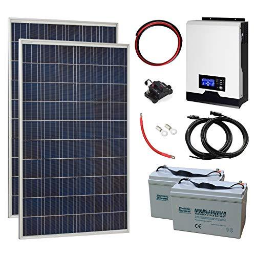Sistema de energía solar completo fuera de la red de 550 W 24 V con 2 paneles solares de 275 W, inversor híbrido de 2 kW y 2 baterías de 100 Ah