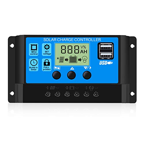 Thlevel 30A Controlador de Carga Solar 12V/24V Panel Solar Inteligente Regulador Carga Solar con Pantalla LCD y Doble Puerto USB para Panel Solar, Lámpara, Batería y Iluminación LED (30A)
