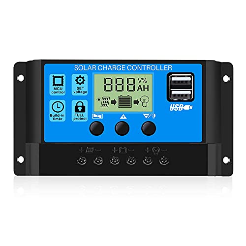 30A Controlador de Carga Solar 12V/24V Panel Solar Inteligente Regulador Carga Solar con Pantalla LCD y Doble Puerto USB para Panel Solar, Lámpara, Batería y Iluminación LED (30A)
