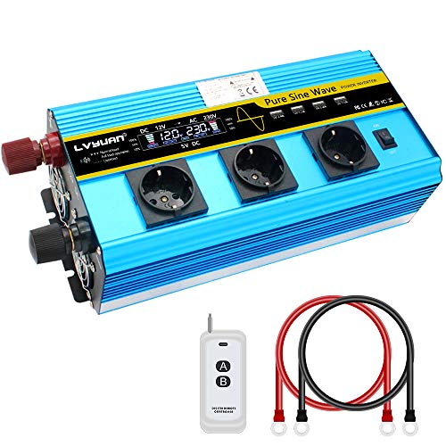 Cantonape Inversor de Corriente 12v 230v Onda Pura 2500w/5000w Pantalla LCD inversor Onda Pura Transformador con Mando a Distancia y 4 Puertos USB 3 Tomas