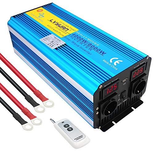 Cantonape Inversor de Corriente Onda Sinusoidal Pura 4000w 8000w Transformador de 12v a 220v 230v con Mando a Distancia & 2 Toma y Puertos USB 2 LED