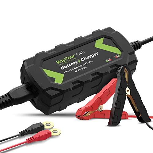 Cargador de batería de litio de 12V LiFePO4, RoyPow Cargador de goteo de 3 amperios con clip de cocodrilo y terminal de anillo