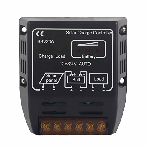 Controlador de carga solar, BSV20A 12V/24V Regulador de batería del panel solar, Sistema de energía solar automático Protección de sobrecarga/sobrecarga de carga