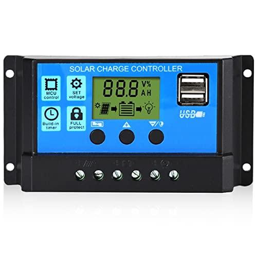 Controlador de carga solar Lochimu Controlador de panel solar 12/24V 10/20/30A LCD Pantalla Regulador solar Regulador de baterías de paneles solares ajustables con puerto USB dual para la industria de