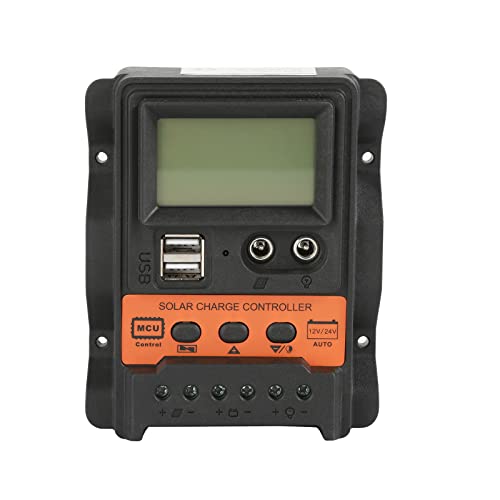 DEWIN Controlador de Carga Solar, PWM Controlador de Carga Solar con LCD 12V 24V 30A Dual USB 5V Salida Panel Solar Regulador de Batería