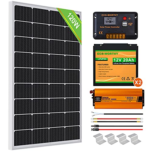 ECO-WORTHY 120W 12V Kit Panel Solar 0,5 KWh/día Placa Solar: Panel Solar Monocristalino 120W, 50AH Lifepo4 Batería 12v Litio, Inversor 600W, Controlador de Carga Solar 30A para Barcos, Caravanas