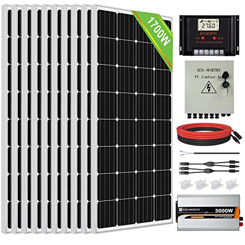 ECO-WORTHY 1700W 6KWh/día Kit Panel Solar Sistema de Energía Solar para Casa Sin Red : 10pcs 170W Mono Módulo Solar, 3000W Inversor de Onda Senoidal 24V-220 V, 60A PWM Regulador de Carga