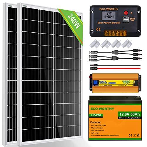 ECO-WORTHY 240W 12V Kit Panel Solar con Batería Litio Kit placa solar autoconsumo para RV Casa: 2pcs 120W Panel Solar Mono, 1pcs 50AH Batería de Litio, 30A Controlador Solar, Inversor de 600W