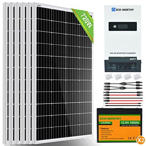 ECO-WORTHY 720W 24V 3KWh Kit Panel Solar con Batería Litio Off-Grid Sistema para Doméstico/RV: 6 Paneles Solares 120W, 2 Baterías Litio 100Ah, Inversor 1500W 24V Todo-en-uno