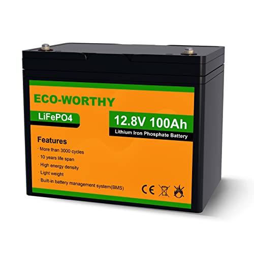 ECO-WORTHY Bateria Litio 12V 100Ah Batería LiFePO4 Fosfato de Hierro y Litio Energía de Emergencia con más de 3000+ de Ciclo Profundo y Protección BMS para el Kit de Panel Solar, RV, Marina, Casa