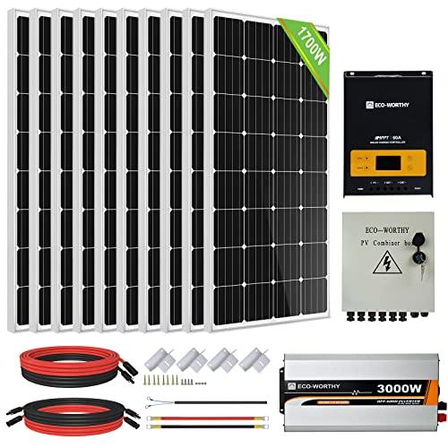 ECO-WORTHY Kit Panel Solar 1700W 6KWh/Día, Placa Solar Sistema para Casa: 10pcs 170W Mono Panel Solar, 3000W Inversor de Onda Senoidal 24V-220V, 60A MPPT Regulador de Carga