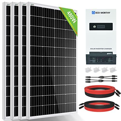 ECO-WORTHY Kit Solar 2kWh con Inversor Todo-en-uno 480W 24V Sistema de Energía Solar para Doméstico/RV Fuera de la Red: 4 Paneles Solares 120W + Inversor Solar Integrado 1500W 24V