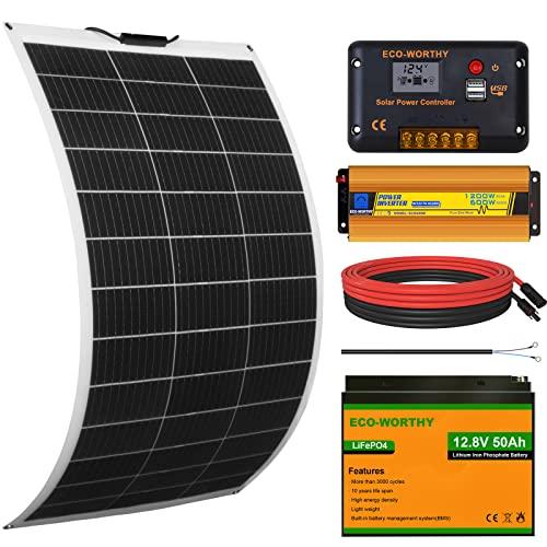 ECO-WORTHY Kit Solar Completo 130W 12V: Panel Solar Flexible de 130W + Batería de Litio de 30Ah + Inversor Solar de 600W, Sistema Fuera de la Red para RV/Autocaravana/Barco