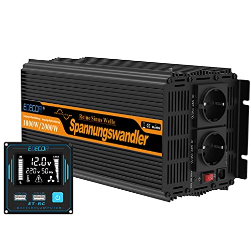 EDECOA Inversor 12v 220v Onda Pura 1000w convertidor Corriente Transformador de energia con Mando 2X USB Sistema Aislamiento galvanico (2a generacion)
