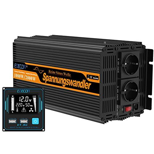 EDECOA Inversor 12v 220v Onda Pura 1000w convertidor Corriente Transformador de energia con Mando 2X USB Sistema Aislamiento galvanico (2a generacion)