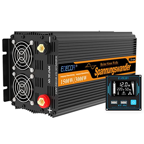 EDECOA inversor 12v 220v Onda Pura 1500w Transformador de Corriente Onda Pura con Mando a Distancia, USB y Pantalla LCD (1500w Nuevo Mando a Distancia)