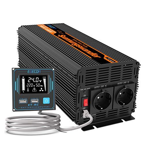 EDECOA inversor 24v 220v Onda Pura 2000w para camion Transformador con Mando 2X USB convertidor energia para Placa Solar Aislamiento galvanico (2a generacion)
