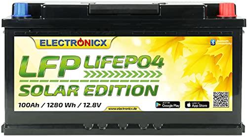 Electronicx LiFePO4 Solar Edition Batería de Suministro 100Ah 12V 1280Wh con función Bluetooth Batería de fosfato de Hierro de Litio Que Incluye App BMS
