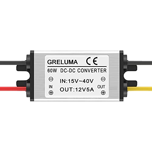 Greluma 1 Pieza DC 24v a 12v Convertidor Reductor 5A 60W Adaptador de Fuente de Alimentación para Auto, Camión, Vehículo, Barco, Sistema Solar (Entradas DC 15-40V,Certificado CE)