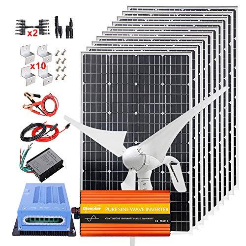 Kit de turbina de viento solar de 1400W, kit completo de 12V con inversor de 2000W: generador de turbina de viento de 400W + 10 paneles solares monocromáticos de 100W +controlador MPPT+cables+soporte