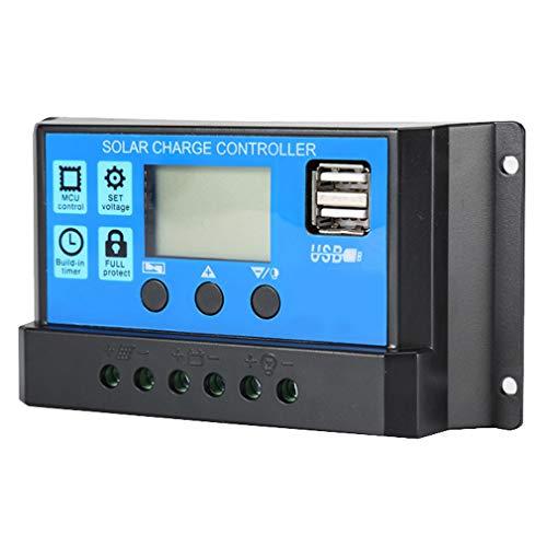 Lamker 30A 12V / 24V Controlador de Carga Solar PWM Panel Solar Regulador Inteligente de Batería con Pantalla LCD Doble Puerto USB Ajustable multifunción