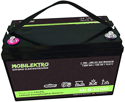 MOBILEKTRO® LiFePO4 100 Ah 12 V 1280 Wh batería de suministro de litio con BMS - EQ 160 Ah - 200 Ah AGM o gel batería de construcción para autocaravana, barco, camping o instalaciones solares