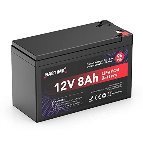 NASTIMA Batería Recargable 12V 8Ah LiFePO4 con Protección BMS y Ciclo Profundo 4000, Adecuada para Kits de Paneles Solares, Cochecitos, Vehículos Recreativos, Botes, Campamentos, Buscadores de Peces