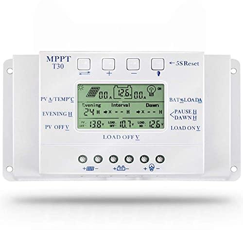OOYCYOO Regulador de carga solar de 30 A, 30 A, 12 V/24 V, detección automática de voltaje, regulador de inteligencia del panel solar con pantalla LCD USB