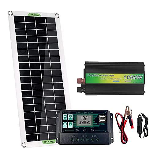 PEALOV Paneles Solares Para Casa Kit Completo,Panel Solar De 20 W+Inversor Solar 1000W+Controlador Solar Autoadaptable De 100 A+Cargador Coche Para Exteriores/Hogar/Aparatos De CA(BateríA No Incluida)