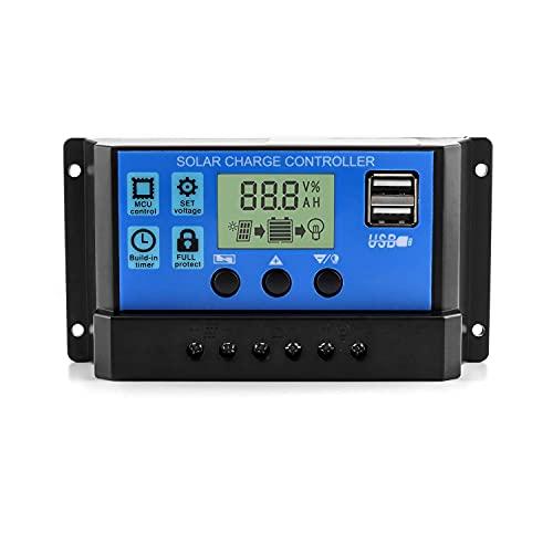 QWORK Controlador de Carga Solar, 20A 12V/24V Regulador de Carga Solar Inteligente con 5 V Doble Puerto USB y Pantalla LCD